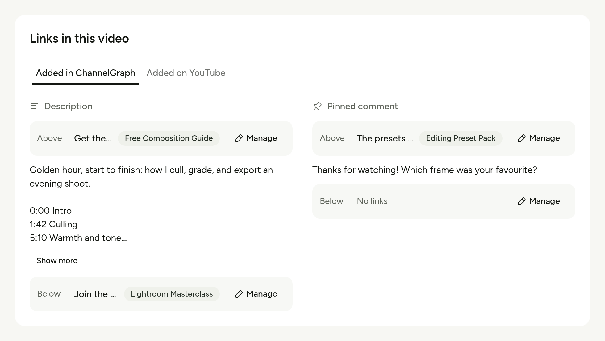 A video's description and pinned comment, with links added above and below the creator's own text.